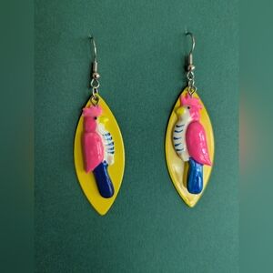 Vintage 90s 80s Bright Pink Parrot Bird Earrings Funky Dangle Yellow Tropical